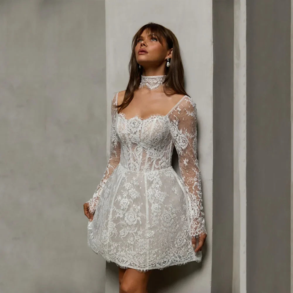 Customized Mini Lace Wedding Dress Square Neck Long Sleeves Applique See Through A-Line Bridal Gown Engagement Party Dresses
