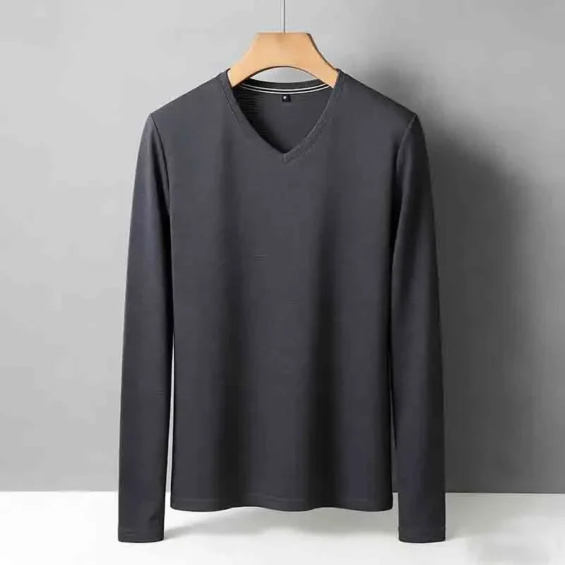 Minimalist Men's V-neck Long Sleeve T-shirt Soft Knitted Fabric Comfortable Top for All Seasons