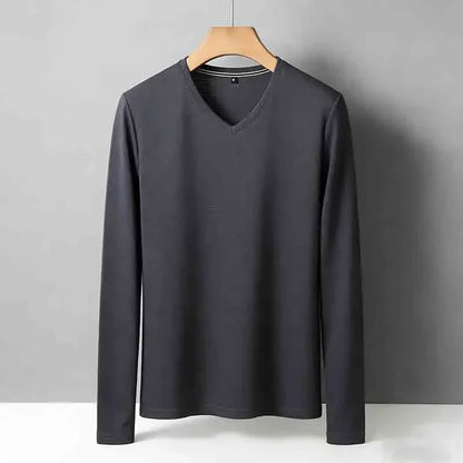 Minimalist Men's V-neck Long Sleeve T-shirt Soft Knitted Fabric Comfortable Top for All Seasons