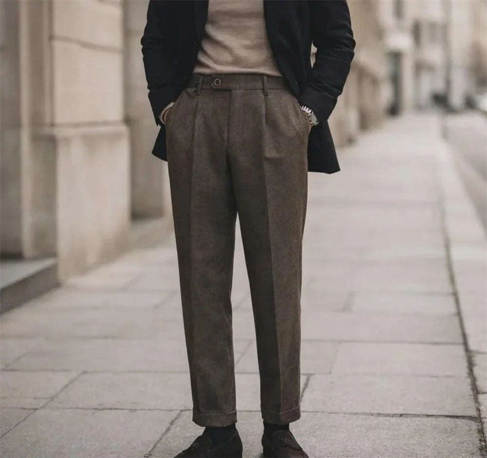 Elegant Men’s Herringbone Suit Pants Vintage British Style Casual  Trousers Tailored Formal Pants