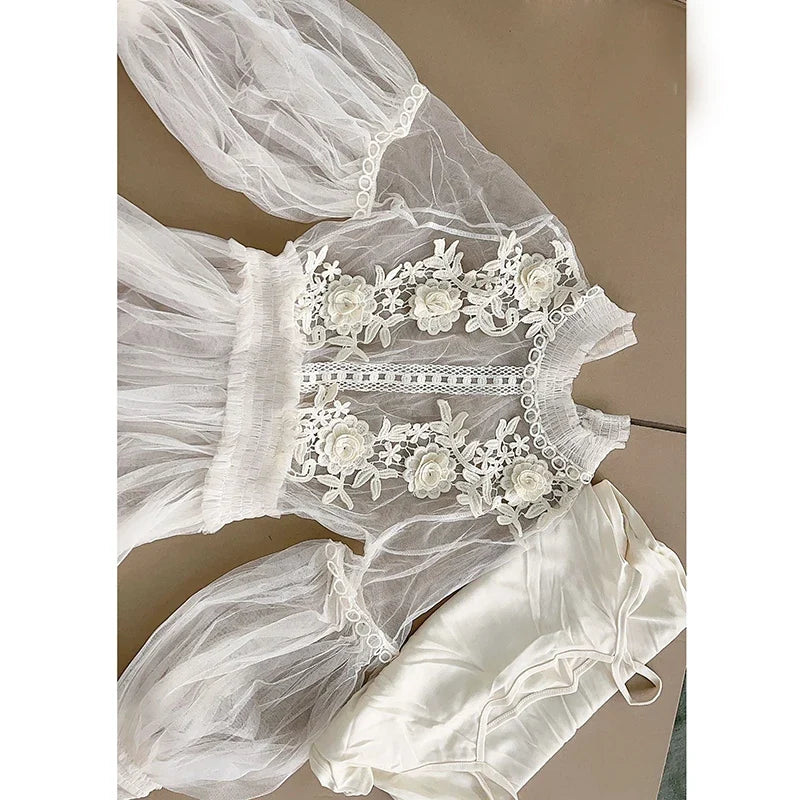 Lace Flower Mesh Summer Dress Women Lantern Sleeve White Casual Dresses Female Party Vintage Slim Women Dress 2 Piece Sets 12041