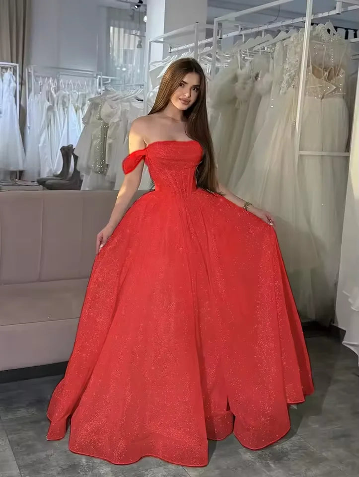 Customized Moden Prom Dress 2026 Glitter Tulle Off the Shoulder Wedding Party Dress Boat-neck A-line Floor-Length Evening Gowns