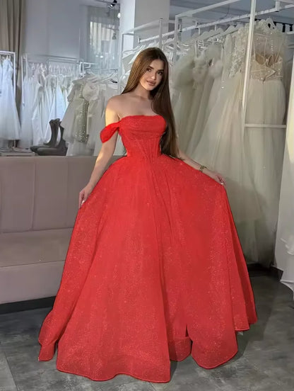 Customized Moden Prom Dress 2026 Glitter Tulle Off the Shoulder Wedding Party Dress Boat-neck A-line Floor-Length Evening Gowns