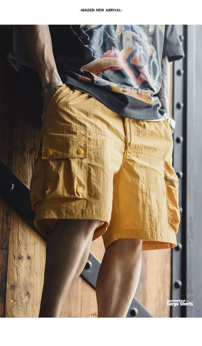 Outdoor Yellow Cargo Shorts Men's Summer Quick-Dry Lightweight Sports Shorts with Drawstring Waist Multi-Pocket Bottoms