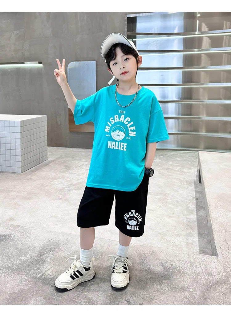 Summer Boys Cotton Leisure Print T-Shirt Top+Shorts Pant Contrast Set School Kids 2PCS Tracksuit Children Vacation Outfit 5-16Yr