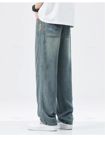 Spring Autumn High Quality Soft Lyocell Fabric Jeans Men Loose Wide Leg Pants Elastic Waist Casual Trousers Plus Size 28-40