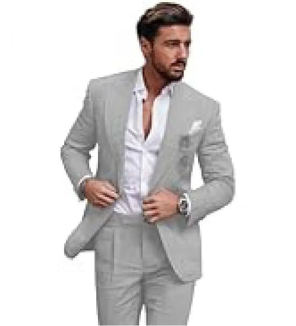 Men's Linen Suit 2 Piece Slim Fit Suit Summer Beach Wedding Suit Groosmen Prom Tuxedo Linen Blazer Pants Set