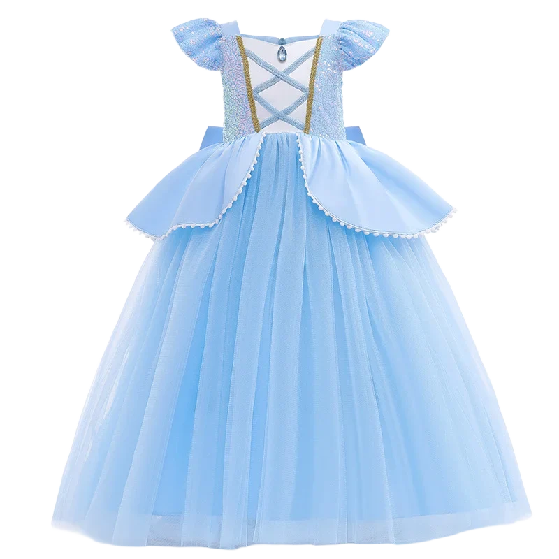 2026 Girl's Princess Cinderella Costume Classic Style Blue Ball Gown Dress Up with White Led Lights Outfit Dresses for Girls
