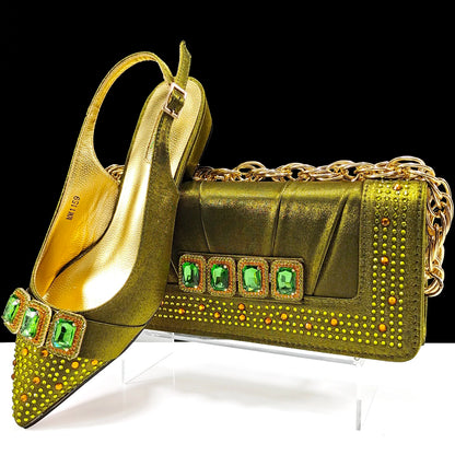 New Italian Olive Pumps and Bag for Party 2024 INS Style Pointed-Toe Rhinestone Elegant Low Heels Wedge for Wome