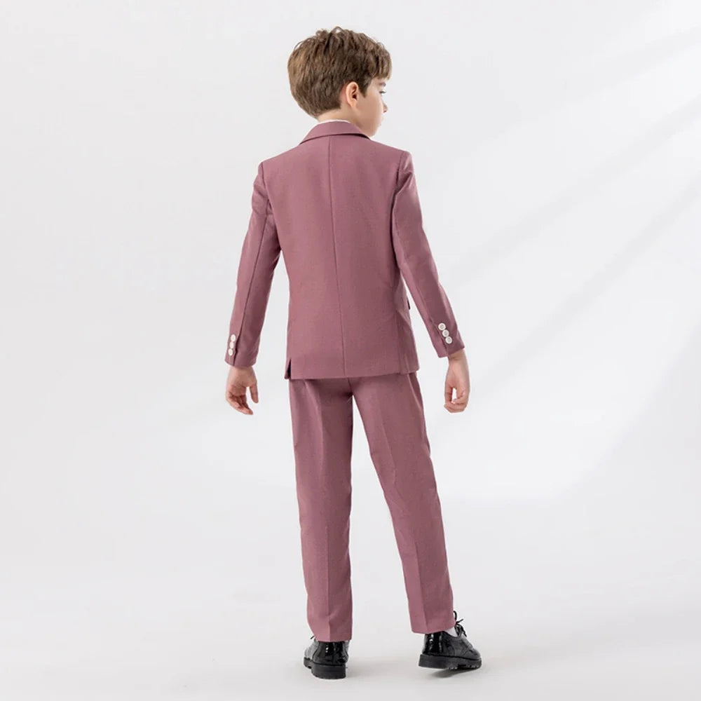 Pink Handsome Boys Lapel Slim Fit Dresswear Suits Wedding Party Spring Autumn New Child Suit Set 4 Pieces For Activities