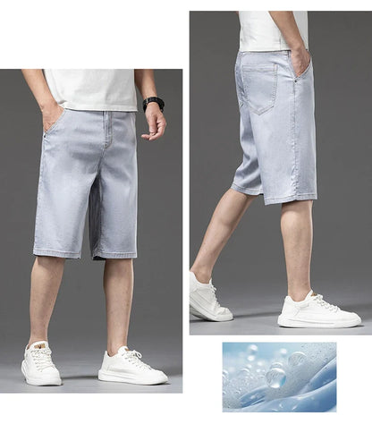 Lyocell Thin Men's Baggy Denim Shorts Loose Summer Casual  Stretch Soft Straight Jeans Male Brand Shorts Male Blue Grey