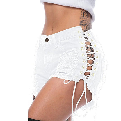 Sexy Women's Jeans Fashion Casual Side Lace-Up Denim Shorts Sexy Hot Denim Short pants Club dance Ripped short jeans