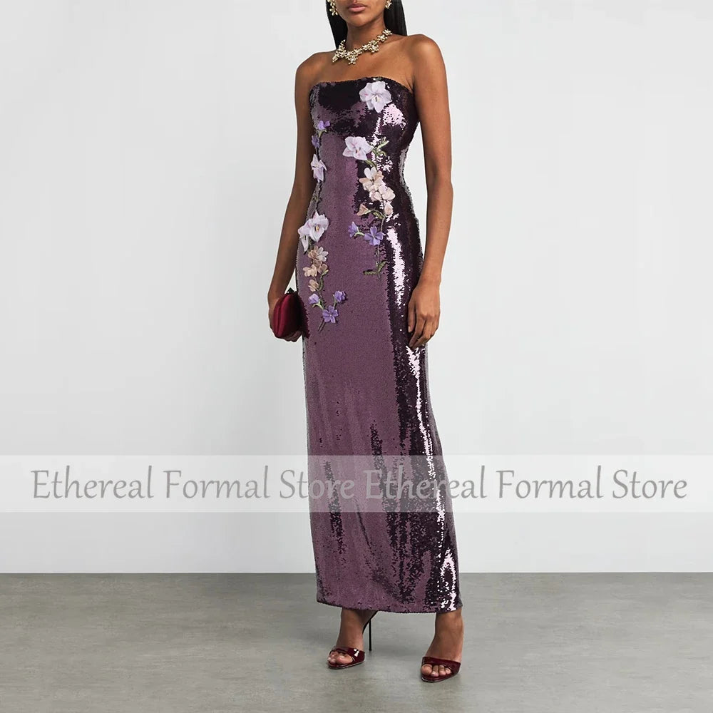 Gliter Purple Sequin Evening Gown Ankel Length Formal Party Dress Strapless Saudi Arabia Dress With Flowers Prom Dress