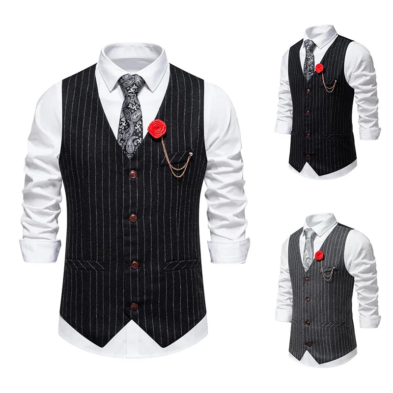 Men's Suit West Retro Striped Mail Single Breasted Waistcoat Wedding Groomsman Dress Banquet Business Daily Work Outfit Top Coat