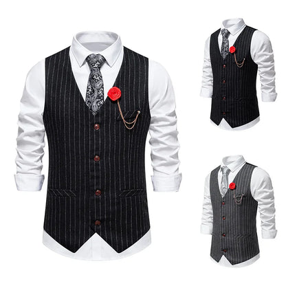 Men's Suit West Retro Striped Mail Single Breasted Waistcoat Wedding Groomsman Dress Banquet Business Daily Work Outfit Top Coat