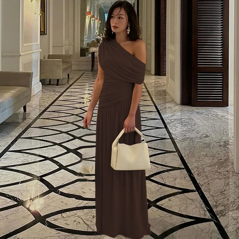 One Shoulder Ruched Sleeveless Solid Pleated Sexy Irregular Y2K Maxi Dress Summer Elegant Party Women Clothes Vacation