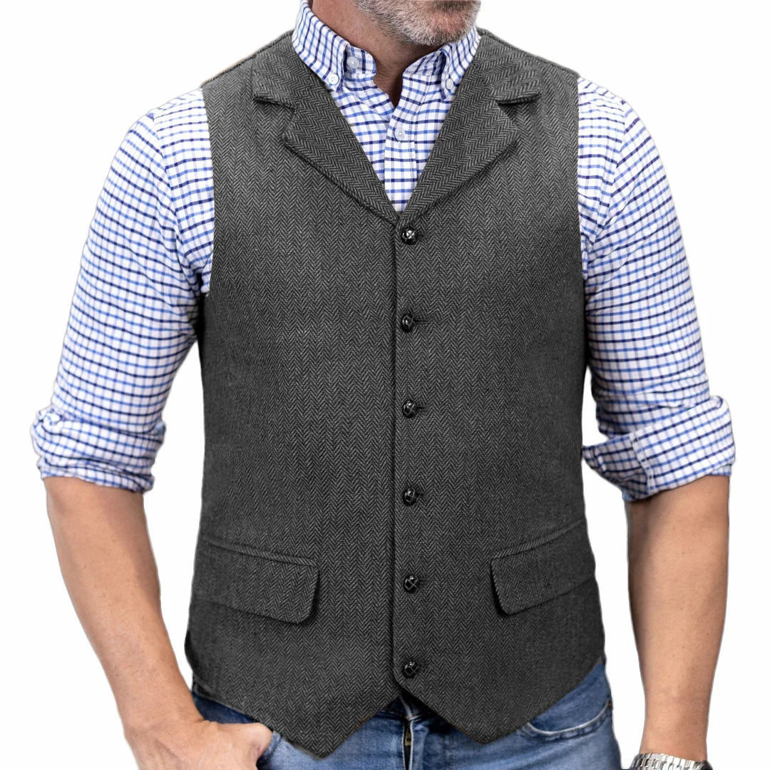 Men Vest Brown Herringbone Single Button With Lapel Waistcoat For Wedding Banquet Party Business Work Daily Casual Men Suit Vest