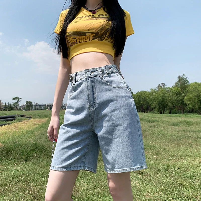 Summer New Korea Fashion Loose Women Jeans Shorts Purple Pink High Waist Straight Pockets Female Wide Short Pants