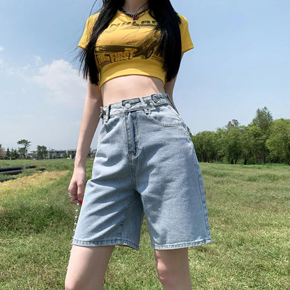 Summer New Korea Fashion Loose Women Jeans Shorts Purple Pink High Waist Straight Pockets Female Wide Short Pants