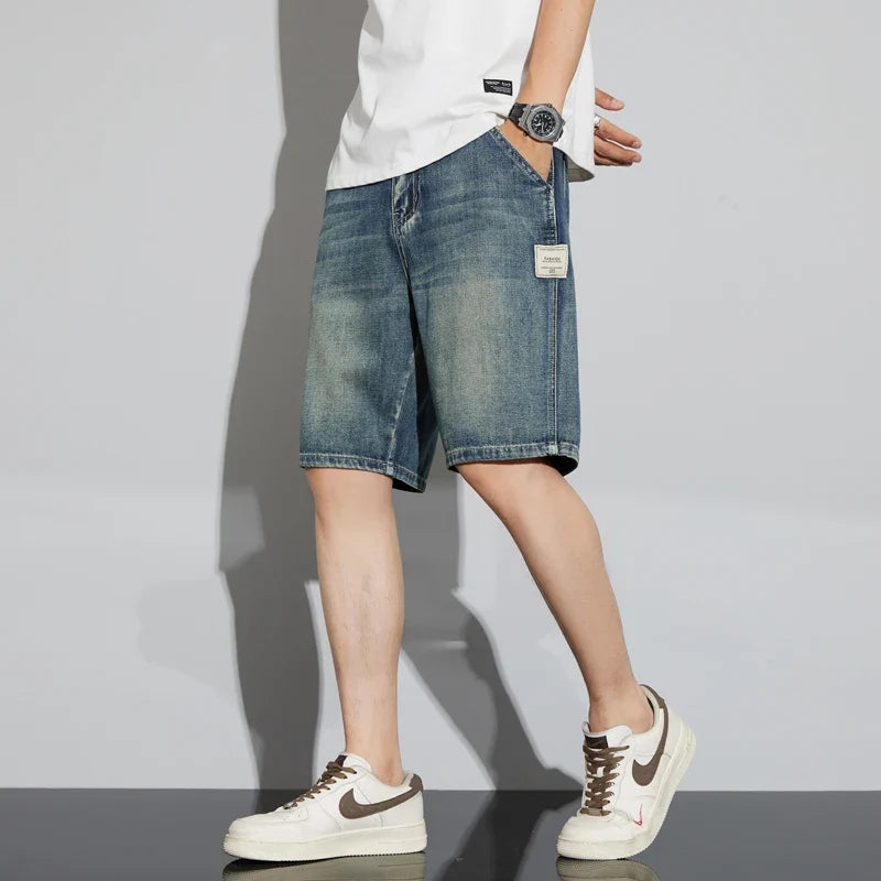 Summer Vintage Denim Shorts Men's Fashion Straight Casual Loose Streetwear Bermuda Jeans Male Short Pants Streetwear