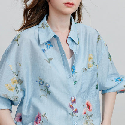 Women Shirts 2026 Summer New Linen Lyocell Print Fresh Mid Length Floral Blouse Tops