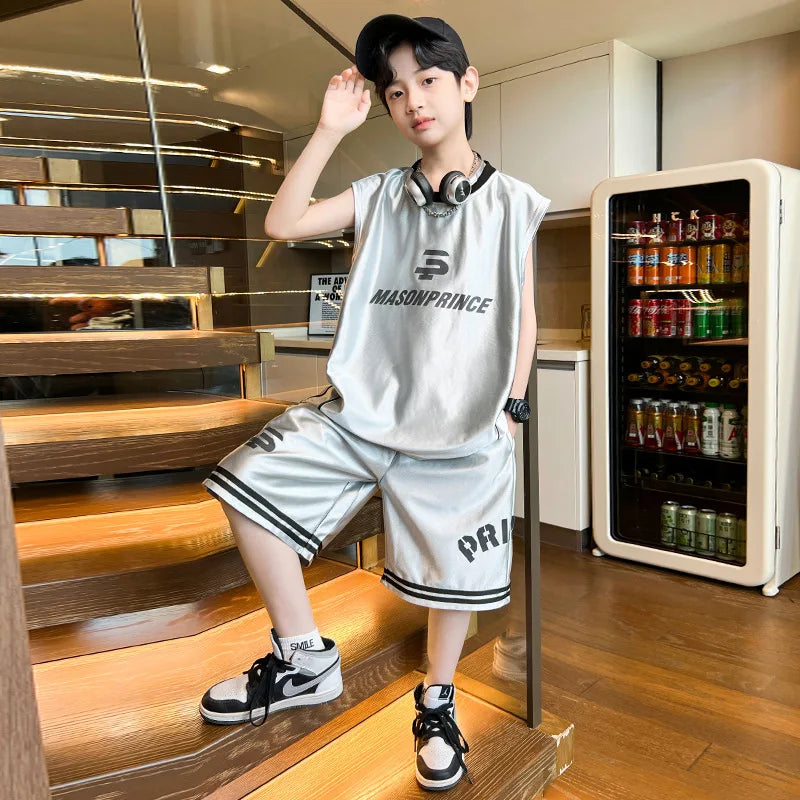 Summer Boys Quick-dry Glossy Alphabet T-Shirt Top+Shorts Sportswear Set School Kids 2PCS Tracksuit Children Jersey Outfit 5-16Yr