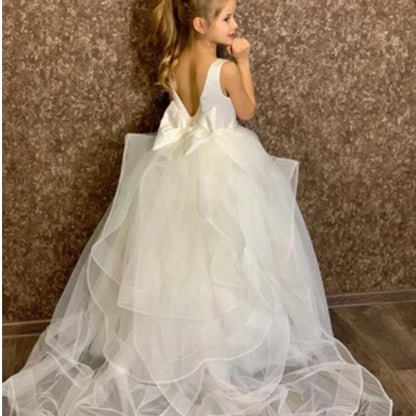 Cute Flower Girl Dresses for Wedding Big Bow Appliques Long Little Pageant Gowns Girls White Tulle First Communion Gowns