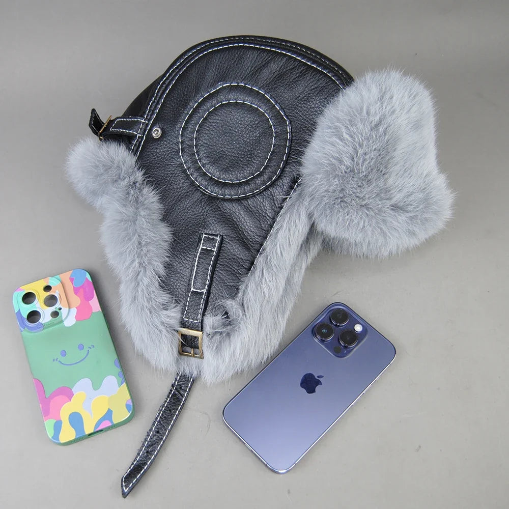 Hot Sale Winter Women's 100% Real Rabbit Fur Bomber Hat Ushanka Cap Trapper Russian Woman Ski Hats Caps Real Sheepskin Leather