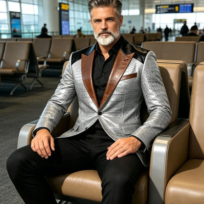 Men's Crocodile Embossed Leather Blazer Luxury Patchwork PU Leather Suit Jacket Slim Fit Peaked Lapel Casual Business Outerwear