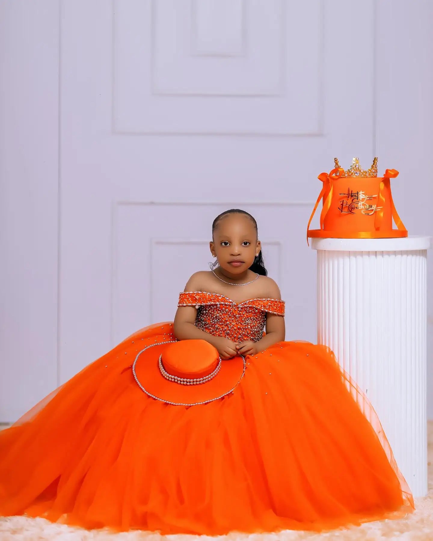 Orange Tulle Girls Birthday Party Dresses Customized Ball Gown Crystal Flower Girl Dresses for Wedding Baby Girls Pageant Dress