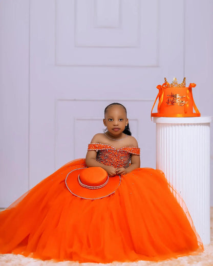Orange Tulle Girls Birthday Party Dresses Customized Ball Gown Crystal Flower Girl Dresses for Wedding Baby Girls Pageant Dress