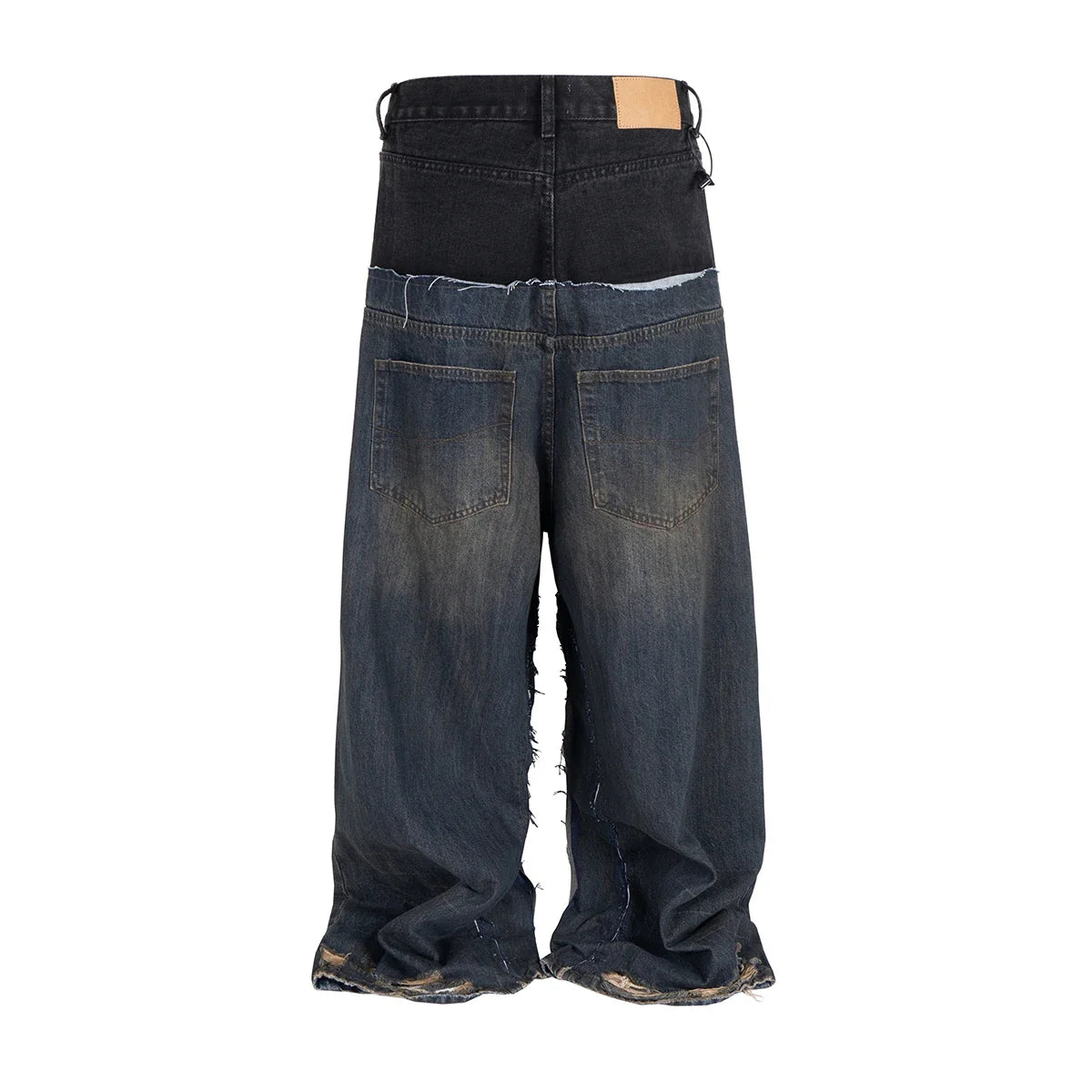 Double-layer Double Waist Patchwork Baggy Jeans for Men and Women Straight Casual Loose Denim Trousers Oversized