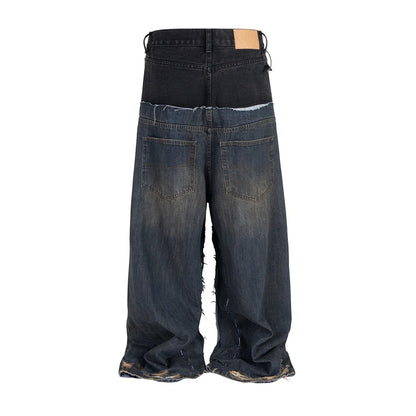 Double-layer Double Waist Patchwork Baggy Jeans for Men and Women Straight Casual Loose Denim Trousers Oversized
