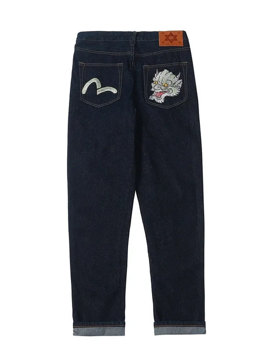 Japanese Handmade Embroidered Jeans Men's Pure Cotton Straight Tube Hip-Hop Popular Slim Red Ears Show Thin Trousers Devil