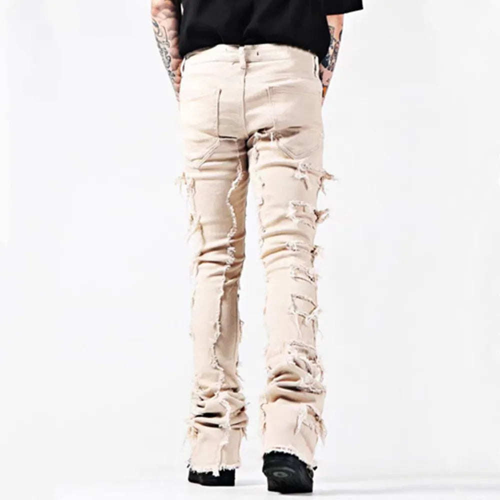 New European and American Heavyweight Streetwise Stretch Patch Jeans for Men, High Street Straight Fit Long Jeans16-3001