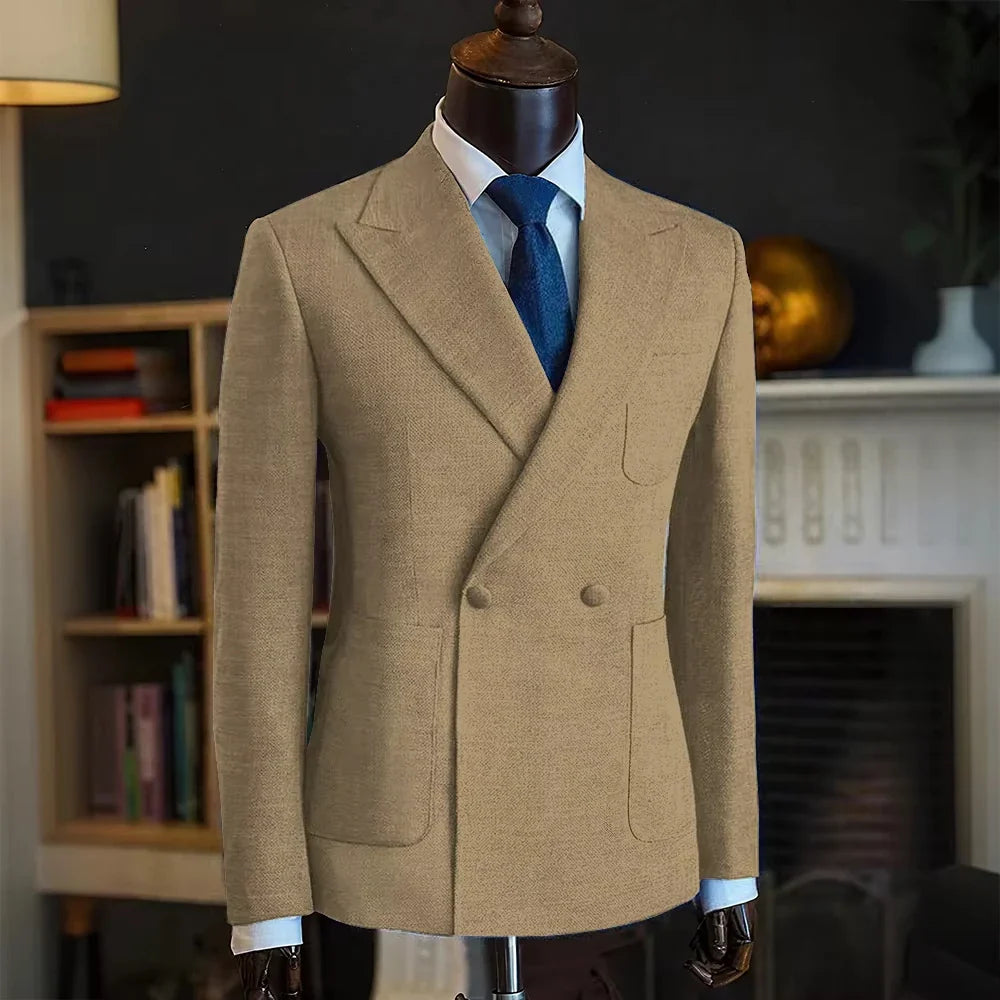 Luxury Men's Classic Suit Blazer Linen Double Breasted Notch Lapel Formal Groom Wedding Dress Jacket Lightweight Sport Coat