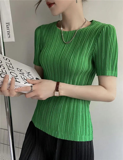 Miyake Pleated Short Sleeve Women's 2023 Summer New Thin Stretch Crew Neck All-Matching Slim Fit Pleated Hollow T-shirt Women