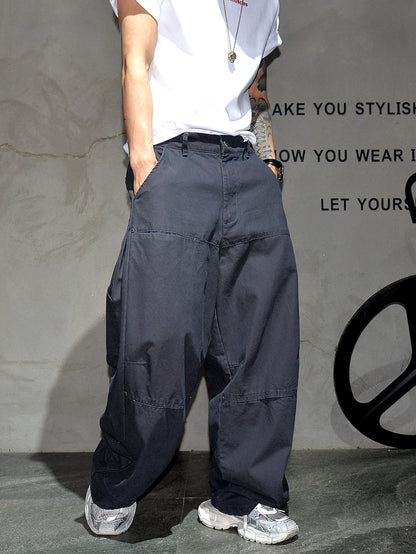 Mens Cargo Pants American Trendy Solid Black Cotton Heavyweight Wide Leg Loose Straight Streetwear Casual High Quality Pants