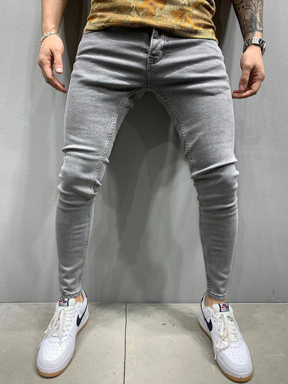 Men Jeans Denim Pencil Pants Sheath Ankle Length Washing Solid Slim Pockets Slight Strech Mid Waist High Street Y2k Streetwear