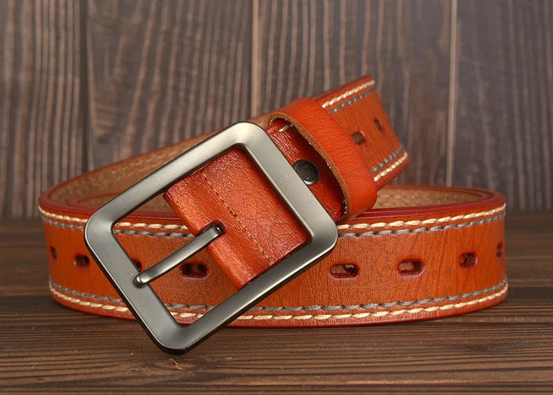 3.8CM Fashion Men Belts Genuine Leather Luxury Designer Vintage Thread Waist Belt For Jeans Cinturon Cowboy Hombre Dropshipping