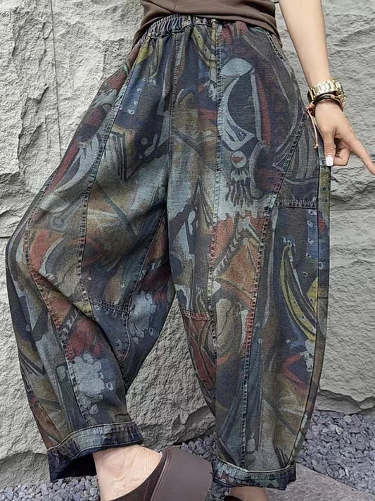 Fashion Loose Printed Vintage Womens Spring Denim Pants Patchwork Jeans Ladies Classic Casual Punk Wide Leg Trousers