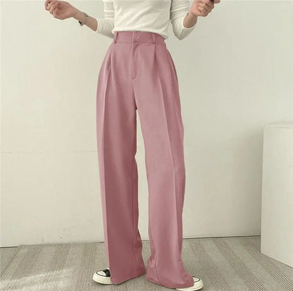 Casual Notch Lapel Suit Set with Button Thick Wide Leg Small Suit Pants High Waist Drape Polyester Business Lady Style Women