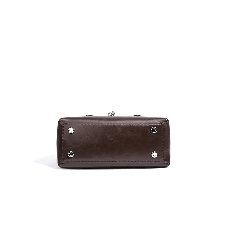 2025 Fall Winter New Top Grain Leather Spacious Boston Bag Lock Design Single Shoulder Crossbody Pack Women Commuting Handbag