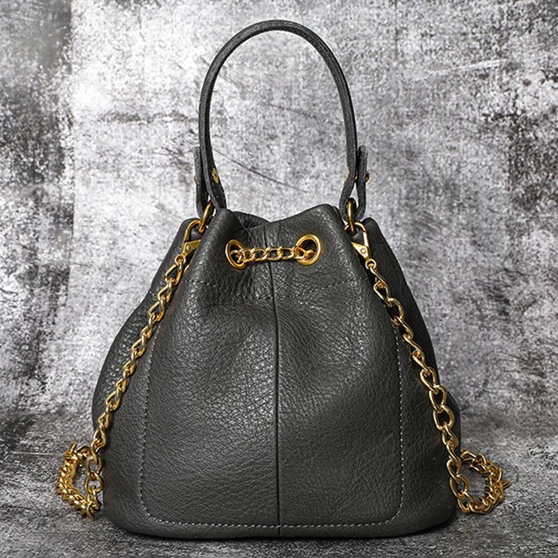 New Vintage Fashion Chain Bag Genuine Leather Multi-Way Bucket Bag for Women Compact Stylish Crossbody Purse