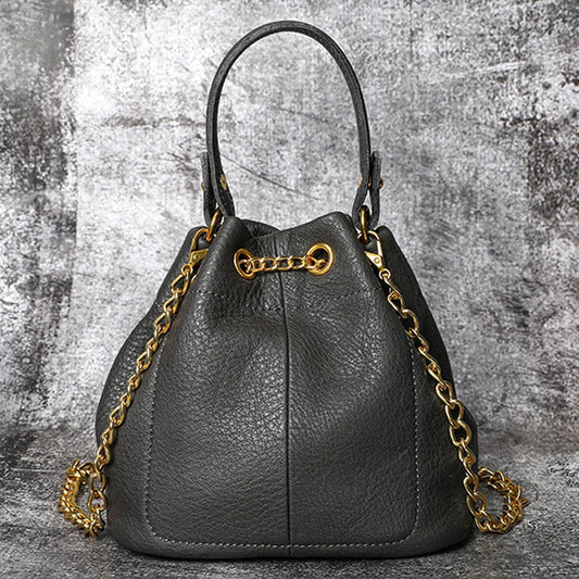 New Vintage Fashion Chain Bag Genuine Leather Multi-Way Bucket Bag for Women Compact Stylish Crossbody Purse