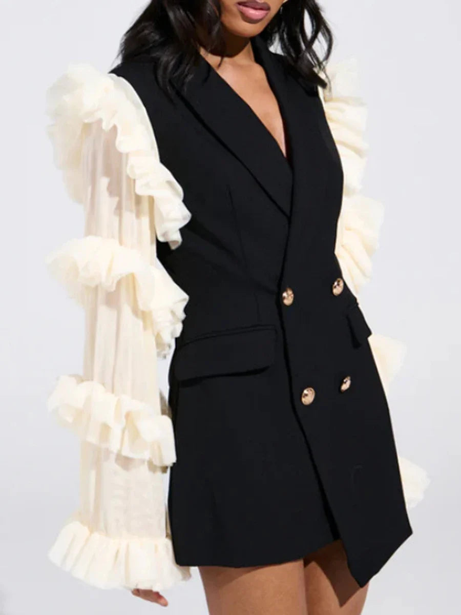 TWOTWINSTYLE Spliced Fungus Folds Fashion Blazers for Women Lapel Long Sleeves Patchwork Mesh Irregular Blazer Female Clothing