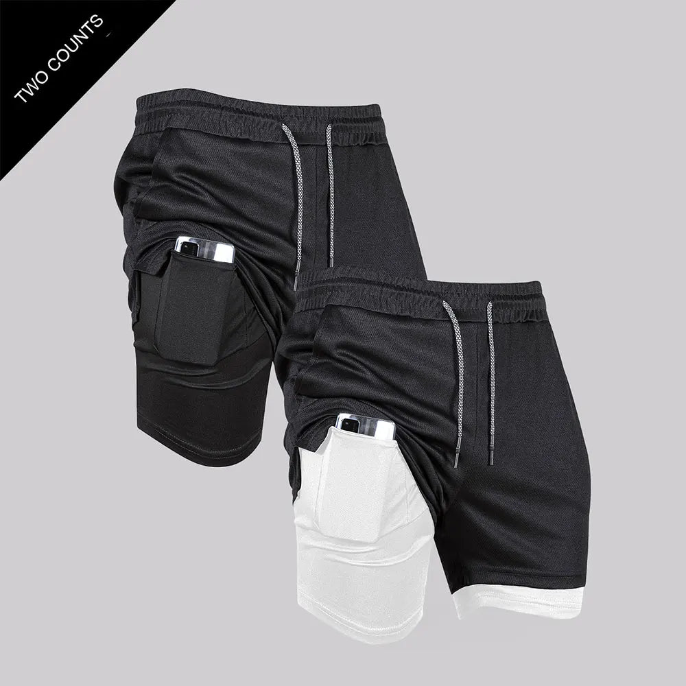 Men's Double Layer Fitness Shorts Men Fitness Gym Training 2 in 1 Sports Shorts Quick Dry Workout Jogging Double Deck Summer
