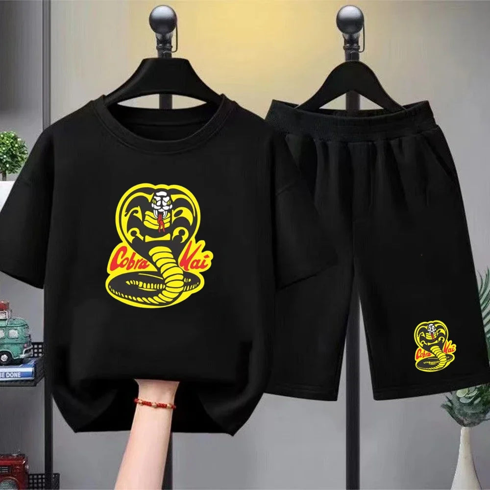 Summer T-Shirt + Shorts Anime Snake Print Boy Black Girl Sets T-Shirt Kids Tops Casual Tees Round Neck Short-Sleeved Top