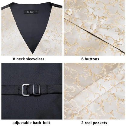 Ivory Beige Champagne Gold Mens Vests Tie Hankerchief Cufflinks Set Jacquard Vine Waistcoat for Men Suit Dress