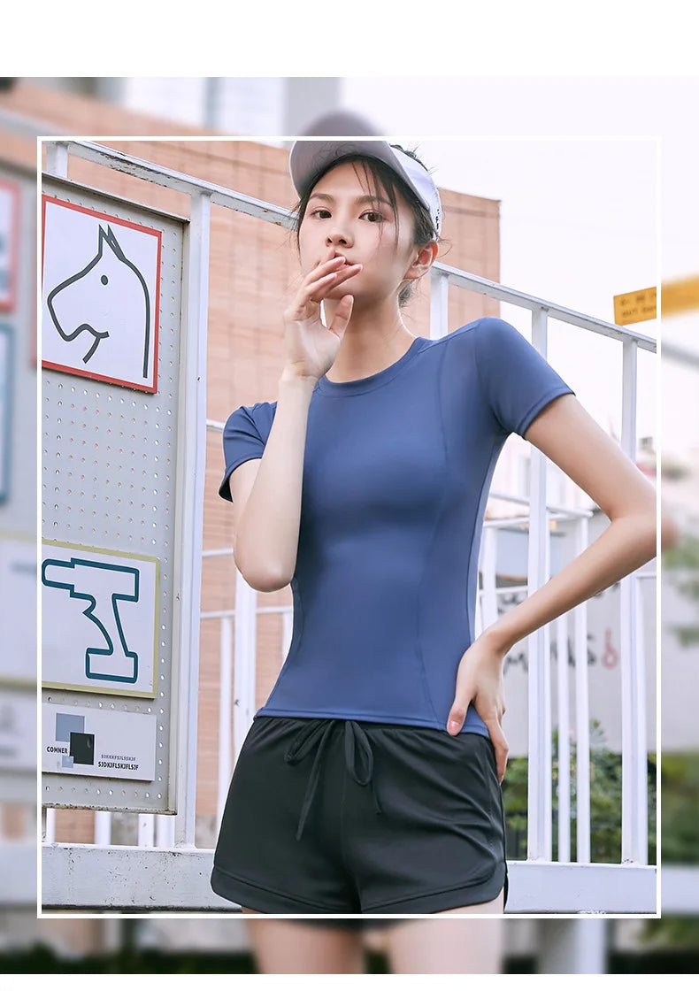 Women's Sports Fitness Clothing Slim Running Sweat Absorbing Skinny Yoga Clothes Quick Drying Clothes Short Sleeved T-shirt